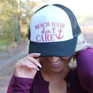 Beach Hair Don't Care Black White Pink Glitter Hat